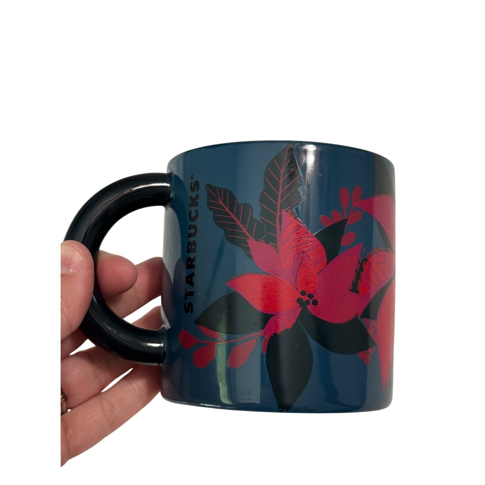 Starbucks 2021 Holiday Poinsettia Floral Coffee Mug Teal Blue Red 12oz Ceramic